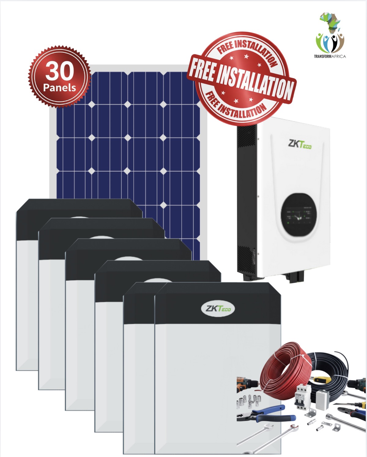 ZKTeco Solar Power 12.5kVA/10kW Inverter + 30kWh Lithium-ion Battery + 30x650W Solar PV Panels
