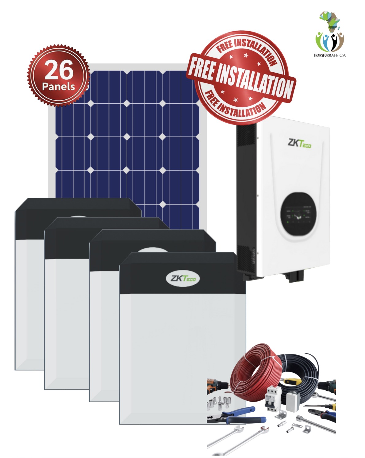 ZKTeco Solar Power  6.25kVA_5kW Inverter and 20kWh Lithium-ion Battery + 26 x 650W Solar PV Panels + INSTALLATION + MATERIAL
