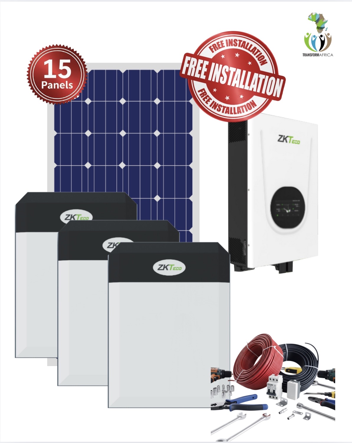 ZKTeco Solar Power  6.25kVA_5kW Inverter and 15kWh Lithium-ion Battery + 15 x 650W Solar PV Panels + INSTALLATION + MATERIAL