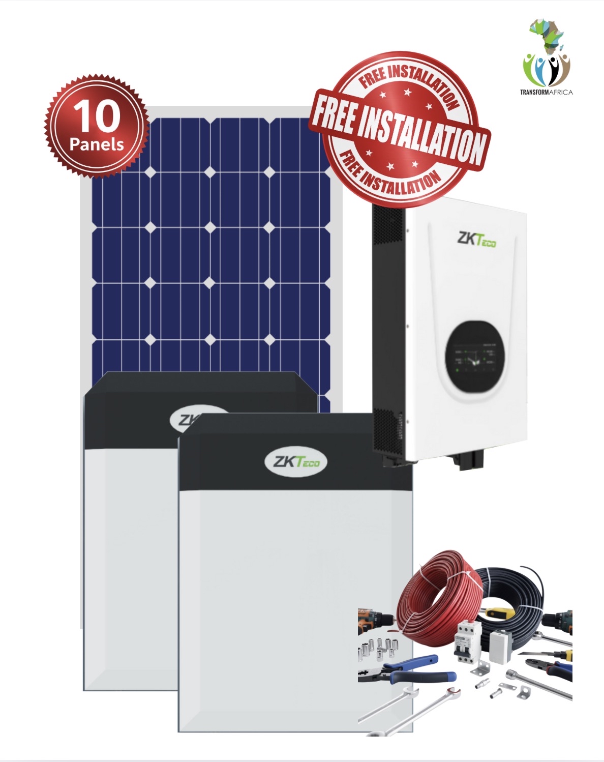 ZKTeco Solar Power 6.25kVA/5kW Inverter + 10kWh Lithium-ion Battery + 10x650W Solar PV Panels