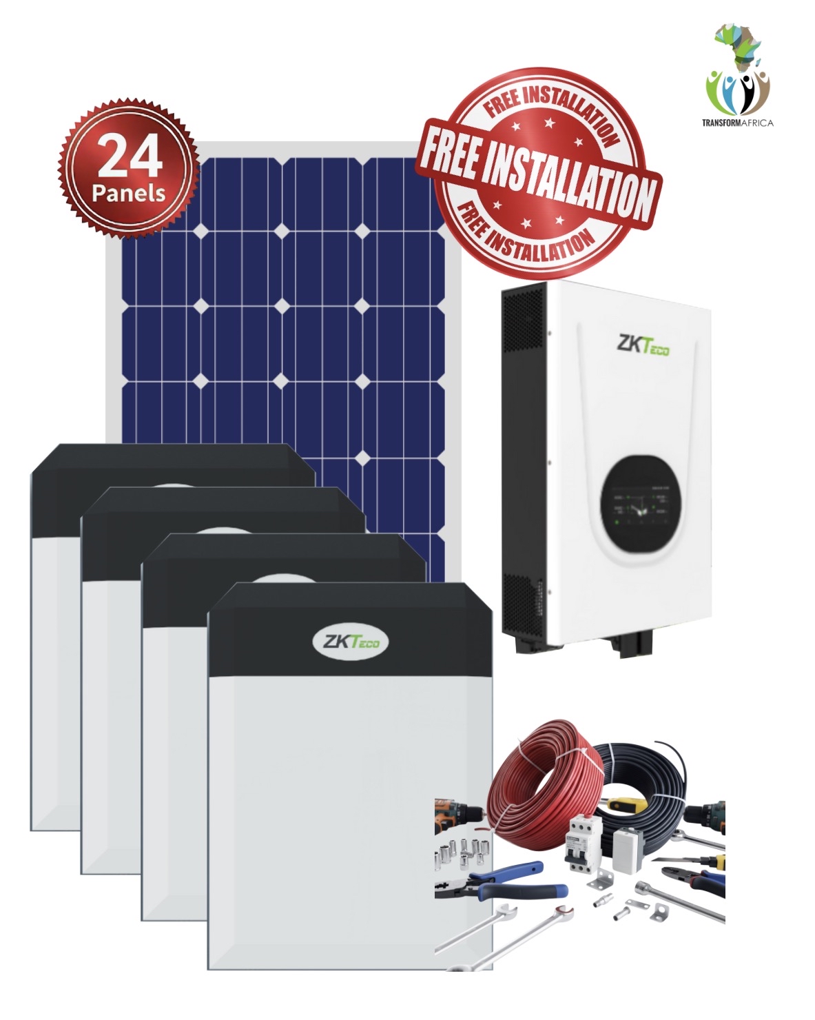ZKTeco Solar Power 12.5kVA_10kW Inverter and 20kWh Lithium-ion Battery + 24 x 650W Solar PV Panels + INSTALLATION + MATERIAL