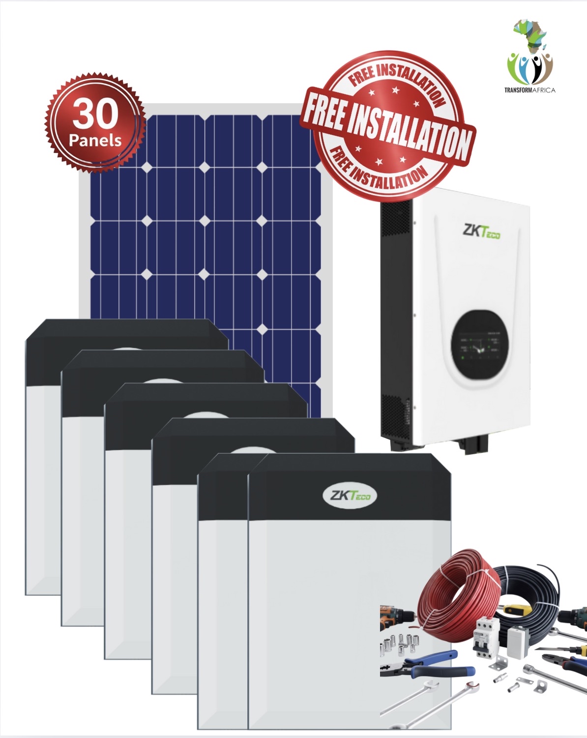 ZKTeco Solar Power 12.5kVA/10kW Inverter + 30kWh Lithium-ion Battery + 30x650W Solar PV Panels